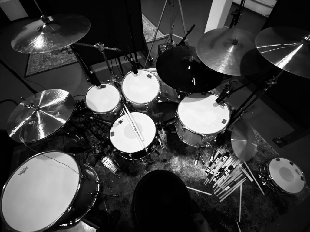 Unity of Noise Recording Studio, overhead view DW Drum setup.